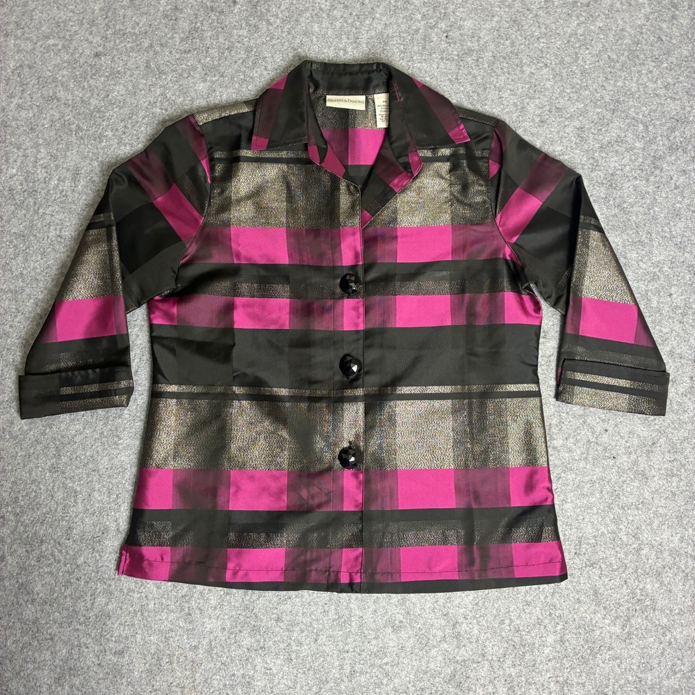 Drapers & Damons Womens Petite PS Pink Black Gold Metallic Plaid Button Jacket